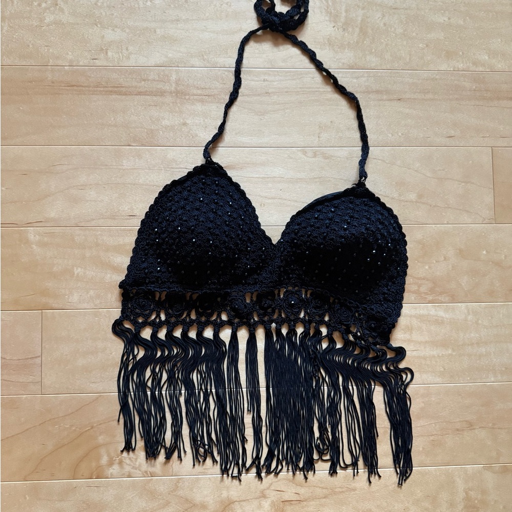 Black Crochet Halter Top with Fringe